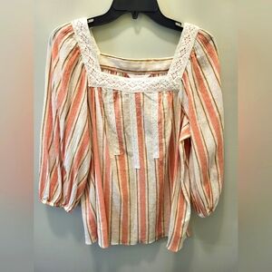 LC Lauren Conrad Women’s Small Striped 3/4 Sleeve Cotton Square Neck Peasant Top
